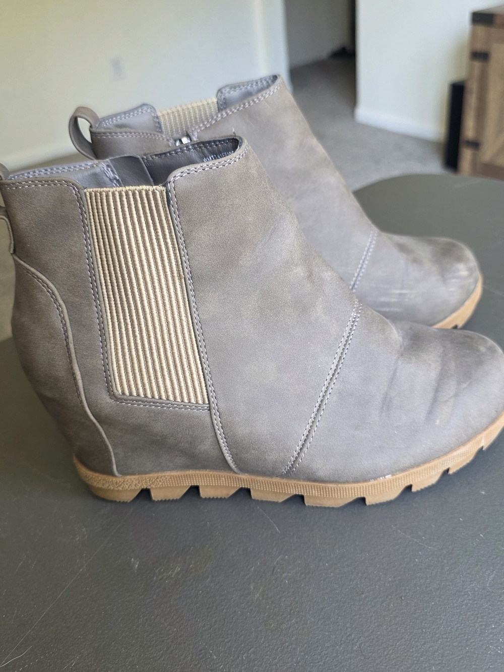 Time and Tru Gray Chelsea Wedge Ankle Boots with Tan Elastic Panel